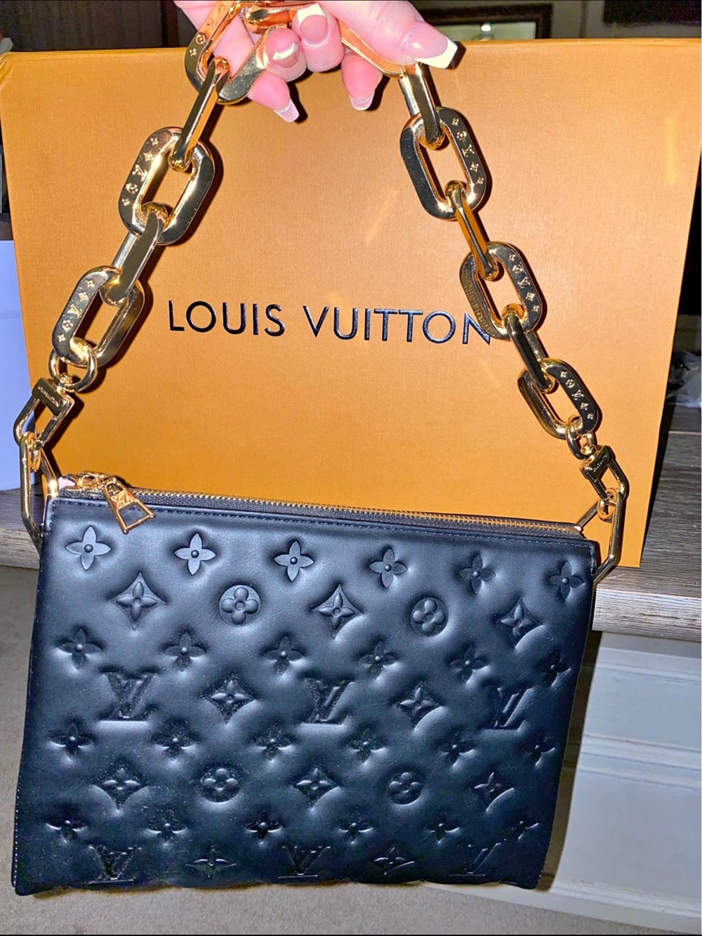 Black Embossed Bag with Heavy Gold Chain, Pink lining, box and dustbag
